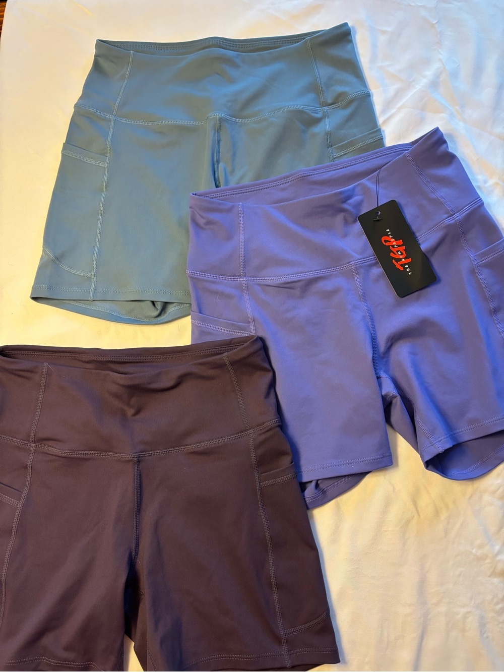High-Waist Bike Shorts Trio — Seafoam, Lavender, Deep Plum